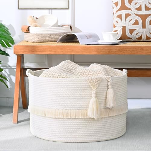 67L Large Blanket Basket, 20"x13" Woven Storage Baskets With Handle, Cotton Rope Blanket Basket Living Room, Baby Laundry hamper for Blanket, Nursery, Toy, Pillow (White) - color: White, size: 67L