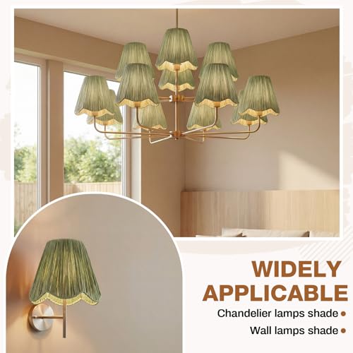 Glooglitter 2 Pcs Small Clip-on Chandelier Rattan Lamps Set Shade Scalloped Lampshade 3"top x 6"bottom x 5-1/4"slant Height Empire Lamp Shade Chandelier or Accent Lamp (Raffia,Light Green) - color: Light Green, size: Raffia
