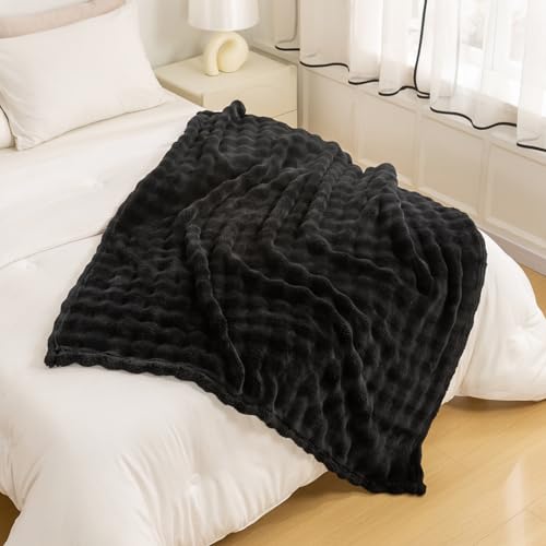 YUSOKI 3D Fleece Bubble Throw Blanket | 380GSM Ultra Soft Fluffy Plush | Non-Shedding Lightweight Cozy Blanket for Couch Sofa Bed | All Season(Black,50 * 60inches) - color: Black, size: Throw(50" x60")