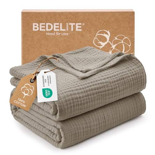 BEDELITE 100% Cotton Muslin Blankets for Adults - 4-Layer King Size Breathable and Lightweight Gauze Blanket for Couch, Bed, Travel and Summer, Soft & Cozy Gift for Women, Taupe, 108"x90" - color: Taupe, size: King(108"x90")