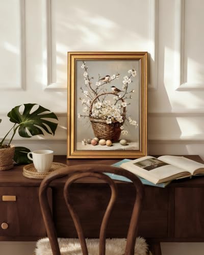 HUARCEY Gold Framed Canvas Wall Art, Bird Flower Basket Vintage Decor, Paintings Farmhouse Wall Decor, Retro Table Desk Decoration Bathroom Bedroom Living Room, 12x16Inch - color: Bird Flower Basket, size: 16"L x 12"W
