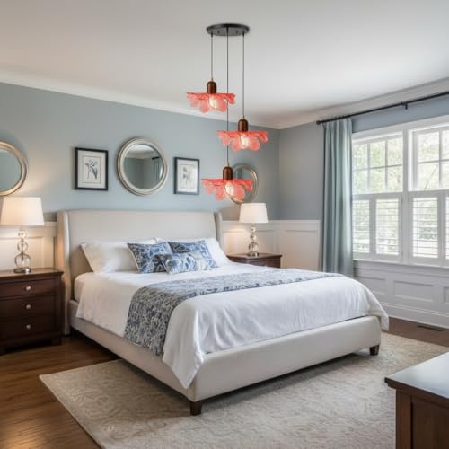 3 Light Red Glass Pendant Light Mid Century Modern Chandelier Adjustable Hanging Ceiling Light Fixture E26 Base for Bedroom Entryway Kitchen Island Dining Room - color: Red, 3 Light