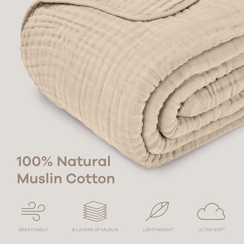 Comfy Cubs Muslin Throw Blanket - 50” x 60” Quilted Design - Lightweight, Breathable 6-Layer Gauze Fabric - Soft Cotton Blanket for Home or Travel - Packaged in Elegant Gift Box - Sand - color: Sand, size: Throw - 50" X 60"