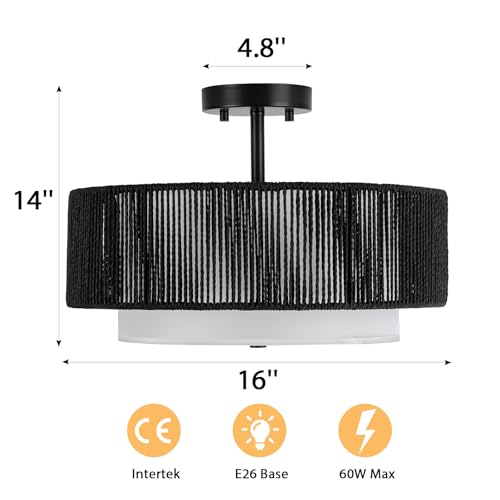 SineRise 16'' Rattan Flush Mount Ceiling Light Fixture,2-Tier Drum Hand-Woven Boho Flush Mount Ceiling Light,Farmhouse Light Fixture for Living Room,Kitchen,Bedroom Foyer Entryway ect.（Black） - color: Black, size: Large Ceiling