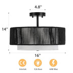 SineRise 16'' Rattan Flush Mount Ceiling Light Fixture,2-Tier Drum Hand-Woven Boho Flush Mount Ceiling Light,Farmhouse Light Fixture for Living Room,Kitchen,Bedroom Foyer Entryway ect.（Black） - color: Black, size: Large Ceiling