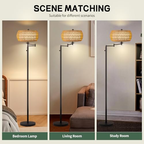 Ruiever Dimmer LED Floor Lamp,Tall Standing Lamp with Swing Arm,Black Lamp with 2 * 9W LED Bulb,Elegant Floor Lamp for Living Rooms & Bedroom (Black Color-Rattan Shade) - color: Black Color-Rattan Shade