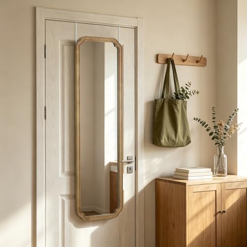 WallBeyond 48" x 14" Full Length Door Mirror with Rustic Rounded Corner Wood Frame, Over the Door Hanging Mirror for Bedroom, Closet, Dressing Area and Entryway, Natural - color: Natural a, size: 48"L x 14"W