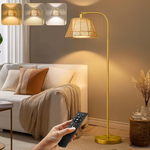 Oneach Arc Floor Lamp for Living Room with 3 Color Temperatures, Farmhouse Floor Lamps with Remote & Dimmable Bulb, Rattan Boho Floor Lamp with Hand-Woven Wicker & Fabric Shade - color: Modern Gold