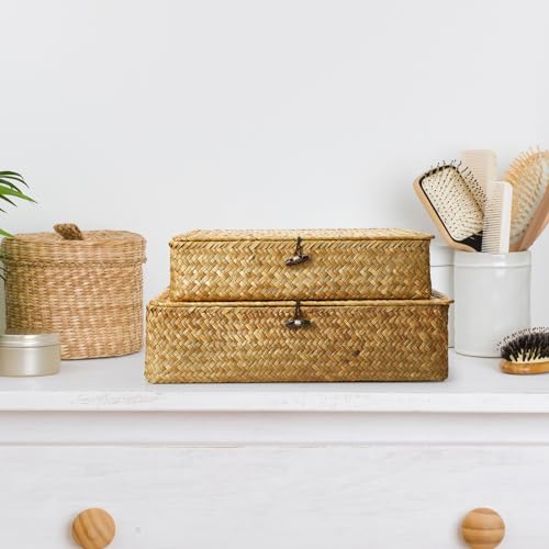 Didaey Set of 4 Seagrass Basket with Lid Wicker Storage Basket Decorative Storage Boxes with Lids Flat Storage Bins Woven Organizer Baskets for Shelf Closet Bedroom, 4 Sizes (Yellow) - color: Yellow