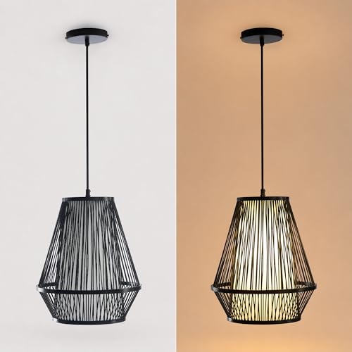 12 Inch Pendant Light, Hanging Ceiling Lamp with Handwoven Bamboo Basket Shade, Adjustable Pendant Fixture for Kitchen Island, Dining Room, Bedroom - color: Black