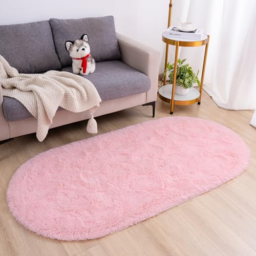 Goideal Fluffy Bedroom Rug, Small Oval Area Rugs, Pink Shag Bedside Carpet for Kids Room Nursery Dorm Cute Fuzzy Indoor Decor for Boy and Girl, 2.6 x 5.3 Feet - color: Pink