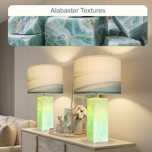 Scenekoy 23" Alabaster Table Lamp Set of 2 with Night Light for Bedroom Living Room, Rotary Switch, Blue Table Lamp with Linen Shade, Modern Nightstand Lamps for Room Bedside Bedroom (Bulb Included) - color: Blue