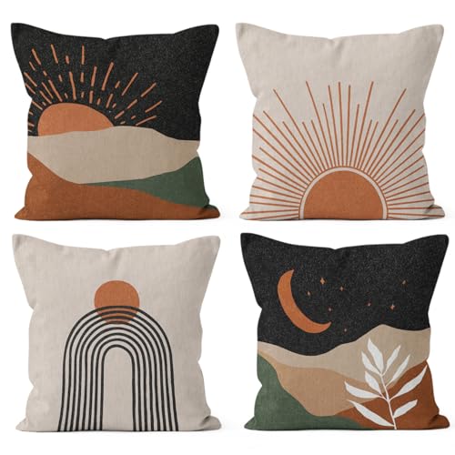 HIWX Boho Pillow Covers, Sun Moon Mountains Decorative Outdoor Throw Pillow Covers, Modern Sunshine Sunrise Landscape for Bedroom Home Decor - Set of 4, 18 x 18 - color: Black-boho-set of 4