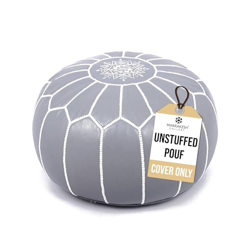 Marrakesh Gallery Genuine Leather Round Pouf Unstuffed - Moroccan Ottoman Footstool, Footrest Cover - Boho Decor - Bohemian Living Room, Bedroom, Kids Room, Gift & Wedding - color: Grey