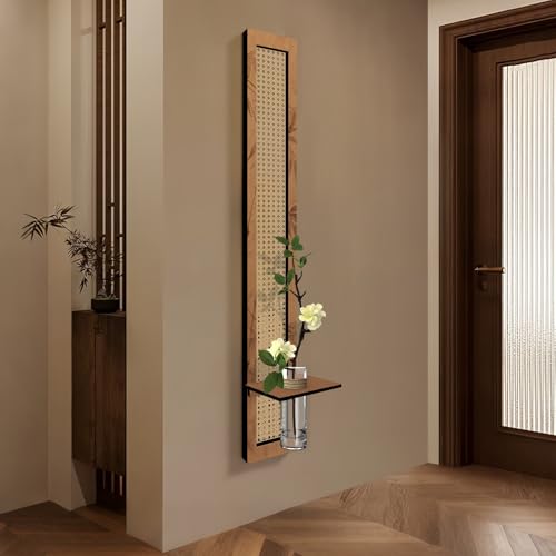 YOOSART 8" x 47" Boho Vertical Rattan Wall Art with Water Vase Stand, Neutral Style Wall Planter Decor with Artificial Floral Accents, Tall Narrow Wall Decor for Living Room, Entryway (Bamboo Weaving)