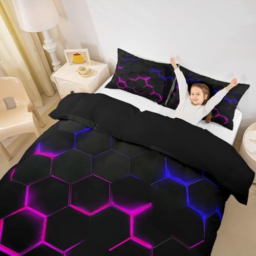 Castle Fairy 3D Honeycomb Duvet Cover Set Twin Size for Kids Hexagon Bedding Sets with with 1 Pillowcase, Pink Blue Neon Lights Print Comforter Cover Teen Boys Girls Bedroom Decor Bed Cover 2 Piece - color: Multi 01, size: Twin 68"x90"