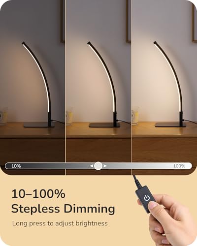 EDISHINE Curved LED Table Lamp, Modern Bedside Lamp with 3 Color Temperature & Stepless Dimming, Aluminum & Iron, Nightstand Lamp for Bedroom, Living Room, Black - color: Black