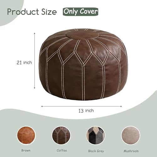 Thgonwid Round Unstuffed Pouf Cover, Faux Leather Storage Ottoman, Boho Moroccan Foot Stool, Multi-Purpose Home Decor for Living Room, Bedroom and Balcony, Deep Coffee, No Filling Included - color: Coffee（no Stuffing）