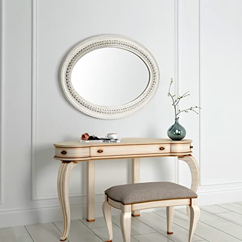 H HOMEWINS Oval Mirrors for Wall,24x36 Oval Wooden Rustic Farmhouse White Beads Boho Decorative Mirror for Bedroom, Bathroom, Living Room,Vanity - color: White, size: 36"L x 24"W