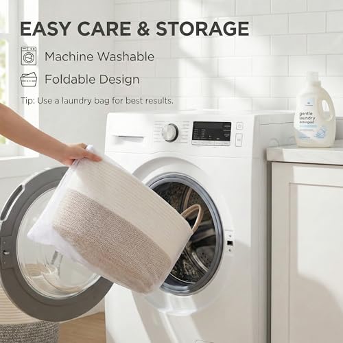 JMvicyroam 65L Extra Large Blanket Basket for Living Room - Woven Cotton Rope Laundry Hamper with Reinforced Handles - Storage Bin for Pillows, Comforters & Toys - Machine Washable,White&Brown - color: White&Brown, size: 65L