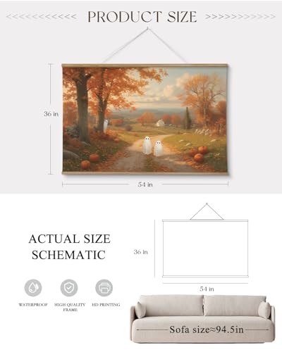 ARPEOTCY Extra Large Vintage Framed Wall Art, 36x54 Inch Halloween Wall Art Canvas, Vintage Autumn Landscape with Cute Ghosts and Pumpkins, Large Farmhouse Fall Wall Decor for Living Room Fireplace Entryway - color: Autumn Ghosts