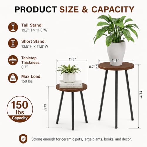 2 Pack Plant Stand Set: Small Round Plants Stand Indoor Wood Grain Plant Tables with Metal Legs - Indoor Outdoor Plant Stands for Living Room, Bedroom, Patio, Balcony, Brown, 150 lbs Capacity - color: Walnut, size: 14"&20"