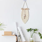 Megsv Handwoven Macrame Leaf Wall Hanging with Wood Beads - Natural Cotton Rope Wall Art for Boho Chic Home Decor, Rustic Interior Design (White)