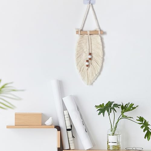 Megsv Handwoven Macrame Leaf Wall Hanging with Wood Beads - Natural Cotton Rope Wall Art for Boho Chic Home Decor, Rustic Interior Design (White)