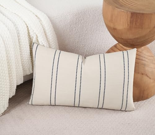 Striped Lumbar Throw Pillow Covers 12x20 Inch Set of 2 Linen Decorative Farmhouse Boho Decor Rectangle Beige Navy Blue Cushion Cases for Couch Bed Sofa Modern Home Living Room - color: Navy Blue, size: 20" x 12" (Pack of 2)