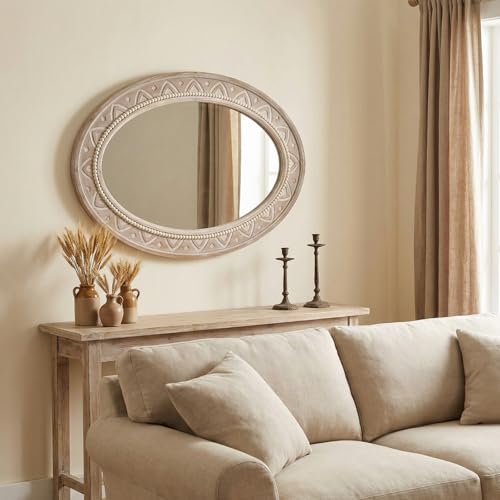 H HOMEWINS Oval Mirrors for Wall,20x30 Oval Wooden Rustic Farmhouse White Beads Boho Nature Decorative Mirror for Bedroom, Bathroom, Living Room,Vanity - color: Light Brown, size: 30"L x 20"W