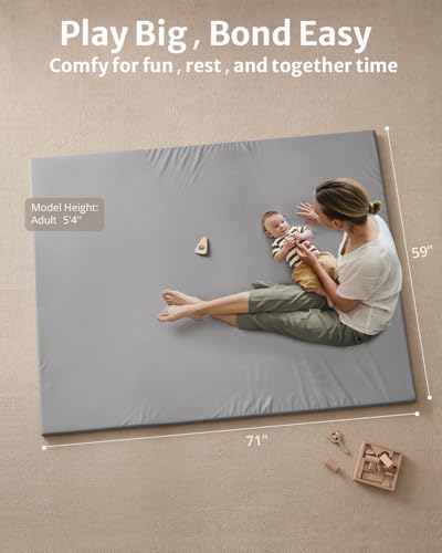 Blissful Diary Vegan Leather Baby Play Mat, 71x59 Thicken Foam Cushioned & Waterproof Playpen Mat for Infants and Toddlers, Stylish and Just Wipe-Clean Playmat for Baby Play on Floor, Light Gray - color: Light Gray, size: 71" X 59"