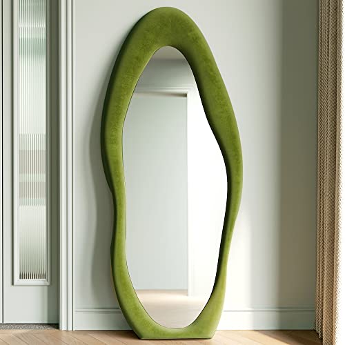 Honyee Full Length Mirror, 63" x 24" Wall Mirror, Flannel Wrapped Wooden Frame Floor Mirror, Irregular Wavy Mirror Hanging or Leaning Against Wall for Cloakroom/Bedroom/Living Room, Green - color: Green, size: 63"L x 24"W