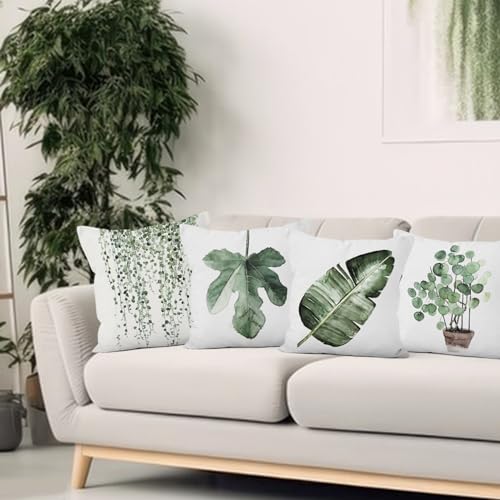 Green Plants Decorative Throw Pillow Covers, Green Leaves Velvet Throw Pillow Case, 4-Pack Double-Side Printed Pillowcases for Sofa and Living Room, 16x16 in - color: 02, size: 16" x 16" (Pack of 4)
