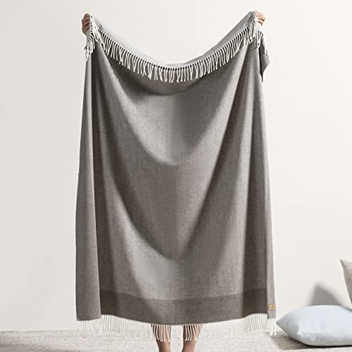 Lands Downunder All-Season, Luxury Mink Border Herringbone Throw – Soft Woven Throw with Decorative Fringe – Made in Italy – 51”W x 67”L - Perfect for Gifting - color: Mink