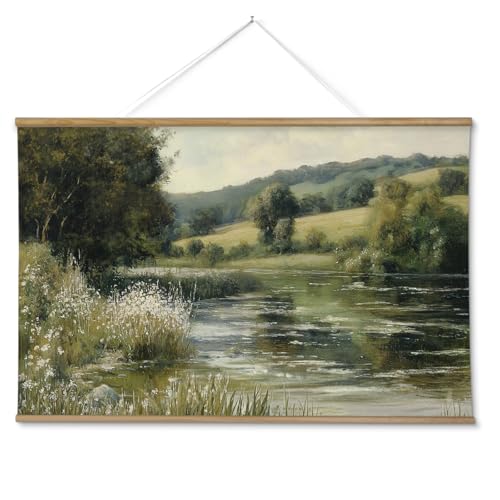 ARPEOTCY Extra Large Vintage Framed Wall Art, 36x54 Inch River Landscape Hanging Framed Canvas Prints Scroll Wall Art Decor for Living Room Bedroom, Retro Scenery Pictures Above of Bed - color: Lake Surface