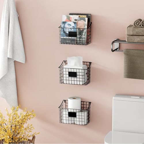 Wall Mounted Bin Basket with 5 Hooks 3 Label Plate Adhesive-3 Pack, Cabinet Hanging Metal Wire Basket,Rustic Farmhouse Decor, Storage Organization Shelf for Pantry Kitchen Bathroom 10.6*7.5*5.1inch - size: 3 Pack