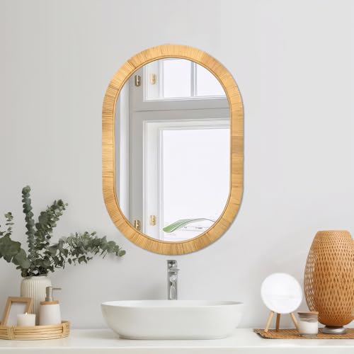FUIN Handcrafted Rattan Oval Wall Mirror 20x30 – Natural Woven Wicker Frame for Boho Living Room & Entryway – High-Definition Shatter-Resistant Mirror – Vertical or Horizontal Biophilic Home Decor