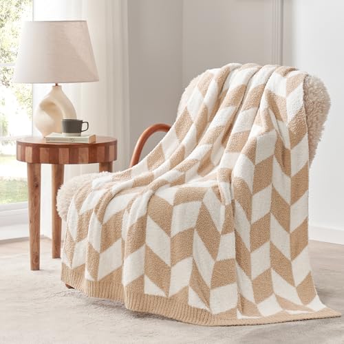 Snuggle Sac Chevron Throw Blanket for Couch, Reversible Super Soft Warm Blankets Cozy Knit Fuzzy Plush Lightweight Throws for Sofa, Bed, Camping, Beige,50x60 inches - color: Chevron Beige, size: Throw(50"x60")