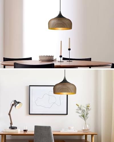 ELYONA Modern Bauhaus Pendant Light Walnut Wooden Pattern Dome Pendant Light Fixture Matte Black Metal Gold Inner Adjustable Hanging Lighting for Kitchen Island Dining Room Office Hallway Bedroom - color: Walnut & Black