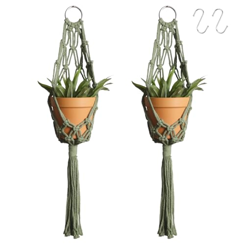 Artilady Macrame Hanging Planter for Indoor Plants, Boho Woven Plant Hanger Large Hanging Flower Pot Holders Outdoor Baskets Storage Green Wall Decor (Olive Green-2pcs) - color: Olive Green-2pcs