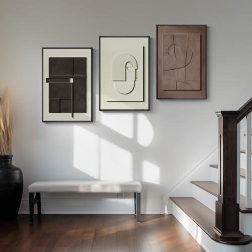 3D Textured Framed Abstract Wall Art, 3 Piece Modern Paintings Artwork for Walls, Black White Brown Geometric Sandstone Texture Pictures for Living Room Dining Room Bedroom Office Wall Decor 16x24 In - color: Black White Brown, size: 16"w X 24"h X 3pcs