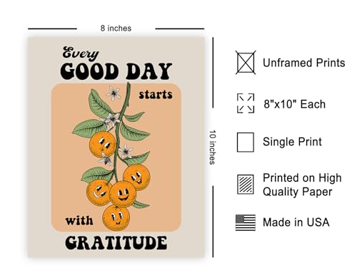 Poster Master Every Good Day Starts With Gratitude Print - Retro Oranges Poster - Floral Art - Positive Affirmation Wall Design - Chic Boho Kitchen or Dining Room Decor - 8x10 UNFRAMED Wall Art - color: Style-17, size: 8"L x 10"W