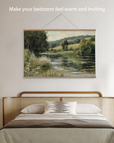 ARPEOTCY Extra Large Vintage Framed Wall Art, 36x54 Inch River Landscape Hanging Framed Canvas Prints Scroll Wall Art Decor for Living Room Bedroom, Retro Scenery Pictures Above of Bed - color: Lake Surface