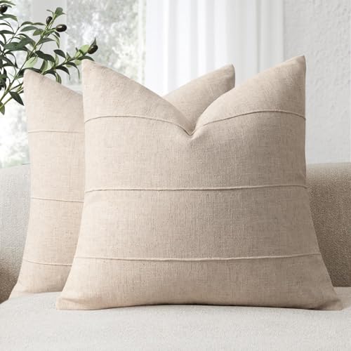 Decorative Linen Throw Pillow Covers 26x26 Set of 2 Solid handcrafted Striped Cushion Covers for Bed Soft Modern Farmhouse Neutral Pillowcase for Couch Bedroom Living Room Home Decor(Natural Beige) - color: Natural Beige, size: 26" x 26" (Pack of 2)