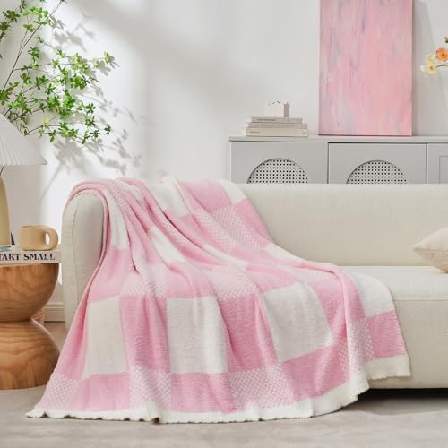 Snuggle Sac Checkered Blanket, Baby Pink Throw Blanket for Couch Plaid Microfiber Fluffy Warm Cozy Fuzzy Soft Throw Blanket Reversible Checkered Blankets for Sofa, Chair, Bed, 50x60 inches - color: Baby Pink, size: Throw(50"x60")