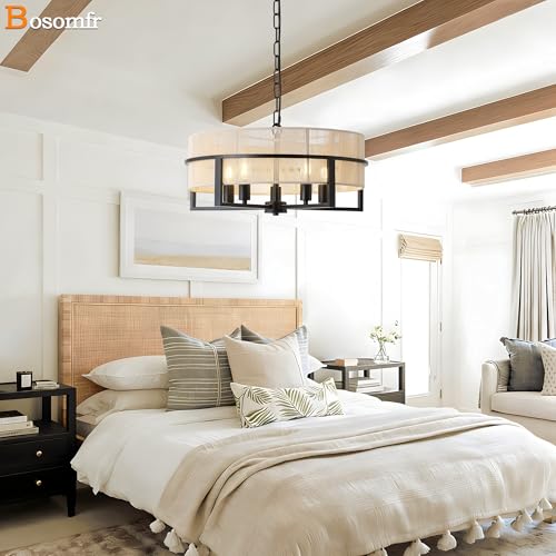 Large Boho Rattan Chandelier,Farmhouse Chandelier for Dining Room Modern Pendant Light Fixture 5-Light Hand Woven Pendant Light Rustic Ceiling - size: 19.5''