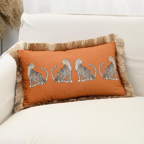 Fall Lumbar Decorative Throw Pillow Cover with Tassels Leopard Pattern Cushion Cover Luxury Style Soft Velvet Pillowcase for Sofa Couch Bedroom (12"x20",Orange) - color: Orange, size: 20" x 12" (Pack of 1)