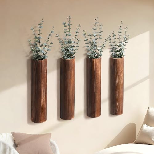 Wood Wall Planter with 20 pcs Artificial Eucalyptus, Modern Decor for Living Room Bedroom Bathroom Entryway, Farmhouse Boho Wall Vases for Dried Flowers and Faux Plants - 4 Pack