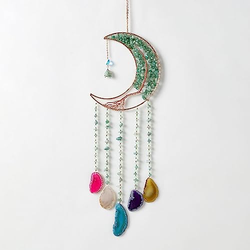 Agate Gemstone Dream Catcher 7 Chakra Tree of Life Dream Catcher with Rainbow Crystal Stones Handmade Dreamcatcher Wall Decor for Adults Boys Girls,Bedroom,Wedding,Garden,Bless Gift(Green Moon) - color: Green Moon Agate