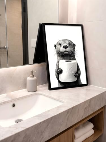 LBTZEVIR Framed Black and White Bathroom Wall Art Funny Otter Holding Toilet Paper Framed Canvas Wall Art, Black and White Bathroom Decor, 8x10 Inches for Bathroom or Powder Room - color: Black and White, size: 8"L x 10"W